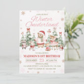 Invitation Woodland Animals Pink Winter Onederland Birthday (Debout devant)