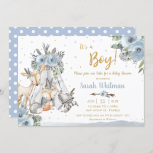 Invitation Woodland Animals Tribal Blue Gold Boy Baby shower