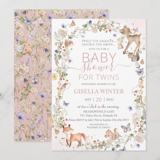 Invitation Woodland Animals Wildflower Twins Baby Shower (Devant / Derrière)