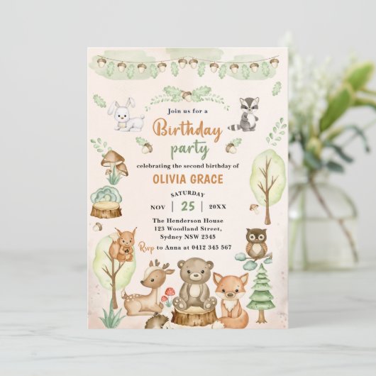 Invitation Woodland Animaux 2e fête d'anniversaire (Debout devant)