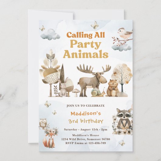 Invitation Woodland Animaux 3e fête d'anniversaire (Devant)