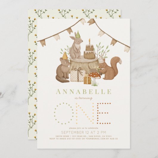 Invitation Woodland Animaux Forêt fête 1er anniversaire (Devant / Derrière)