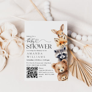 Invitation Woodland Animaux Moderne Code QR Baby shower