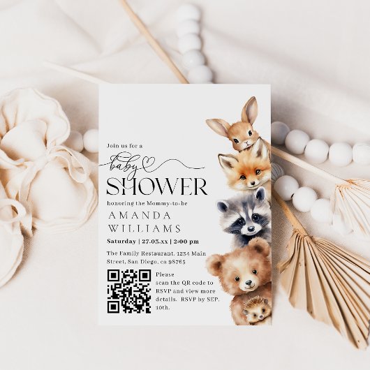 Invitation Woodland Animaux Moderne Code QR Baby shower