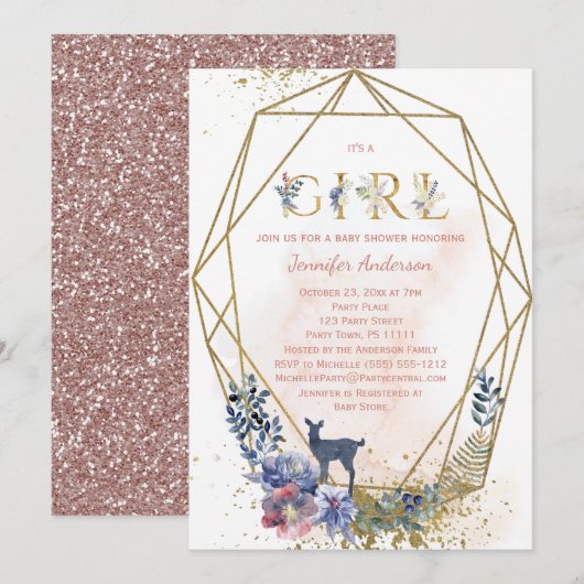 Invitation Woodland Baby Girl Douche (Devant / Derrière)