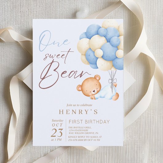Invitation Woodland Bear Boy 1er Anniversaire Party Pastel