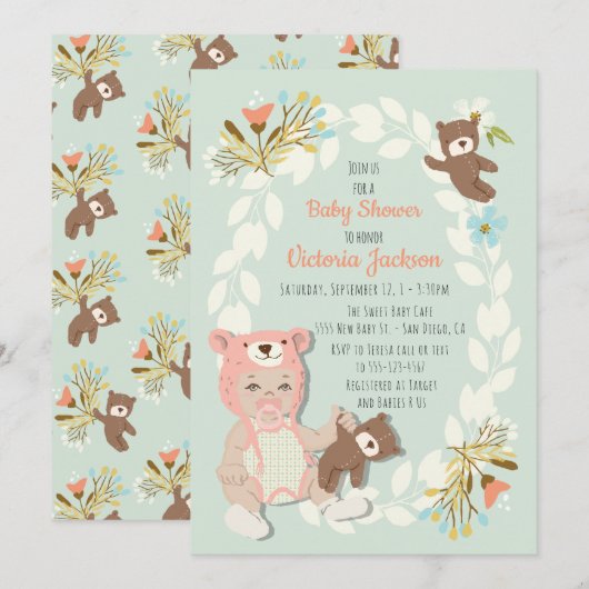 Invitation Woodland Bear casquette bébé fille de douche invit (Devant / Derrière)