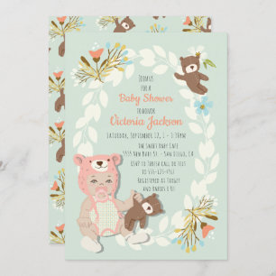 Invitation Woodland Bear casquette bébé fille de douche invit