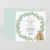 Invitation Woodland Bear Greenery Wreath Baby shower par cour (Devant / Derrière)