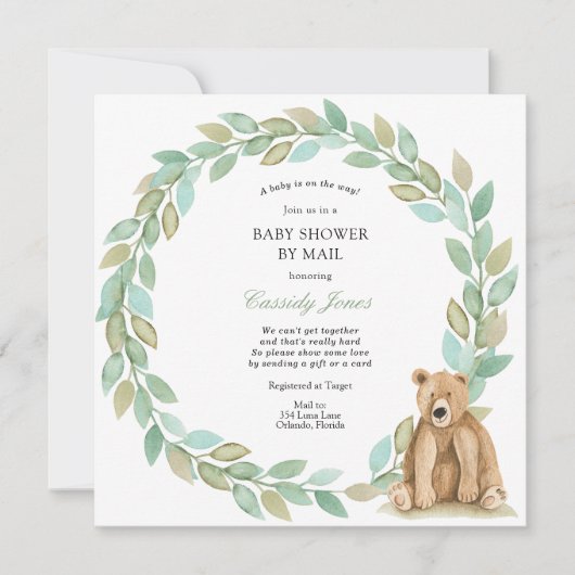 Invitation Woodland Bear Greenery Wreath Baby shower par cour (Devant)