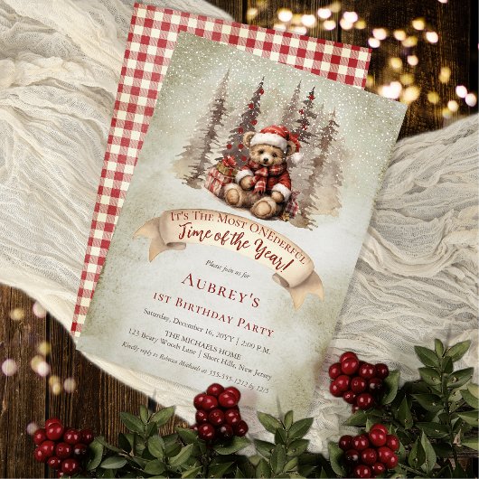 Invitation Woodland Bear ONE derful Holiday 1er Birthday Part