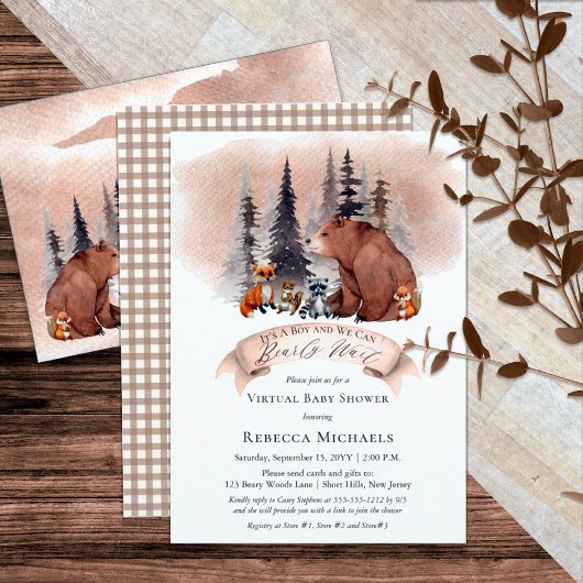 Invitation Woodland Bearly Wait Virtual Boy Baby shower
