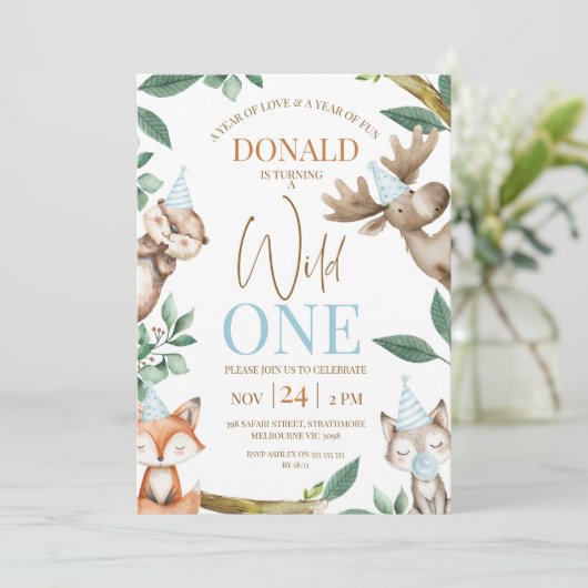 Invitation Woodland Blue Wild Un 1er anniversaire (Debout devant)