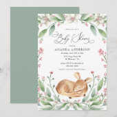 Invitation Woodland Chère fille Verdure Baby shower rose (Devant / Derrière)