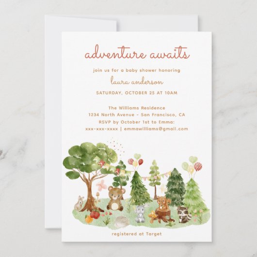 Invitation Woodland Creatures Fall Adventure Baby shower (Devant)