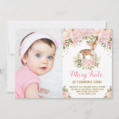Invitation Woodland Deer 1er anniversaire Pink Gold Pastel Fl (Devant)