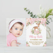 Invitation Woodland Deer 1er anniversaire Pink Gold Pastel Fl (Debout devant)