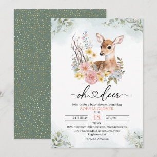 Invitation Woodland deerflowers verdure aquarelle bébé specta