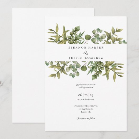Invitation Woodland Eucalyptus Mariage de verdure (Devant / Derrière)