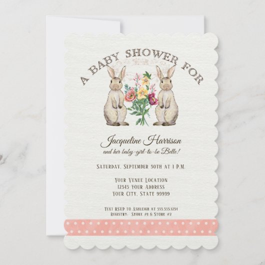 Invitation Woodland Fairy Tale Rabbits Girl Baby shower Art (Devant)