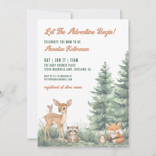 Invitation Woodland Forest Animals Adventure Baby Shower (Devant)