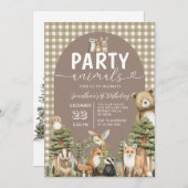 Invitation Woodland Forest Party Animals 1st Birthday Gingham (Devant / Derrière)