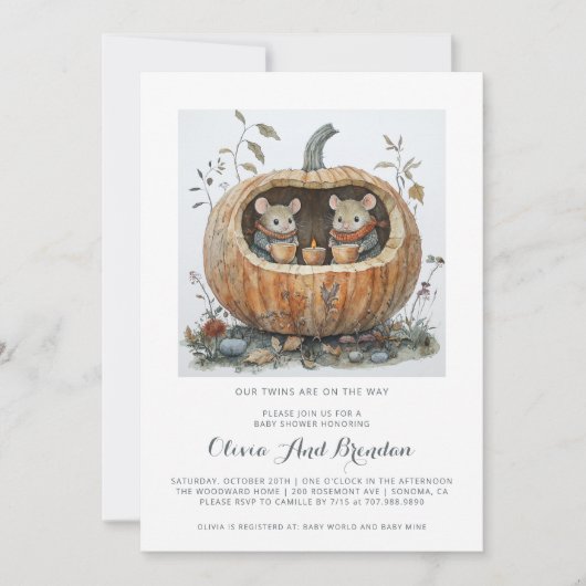 Invitation Woodland Forest Twins Fall Baby Shower (Devant)