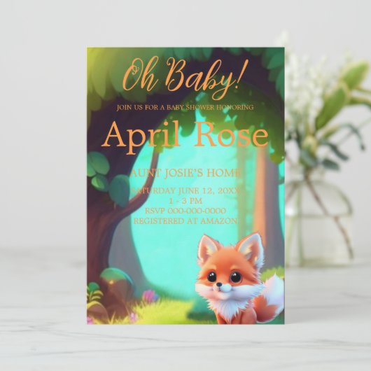 Invitation Woodland forêt amis mignon bébé foin (Debout devant)