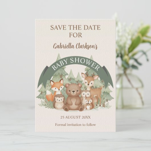 Invitation Woodland Friends Baby shower Enregistrer la date (Debout devant)