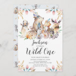 Invitation Woodland Friends Wild One Boys 1er Birthday Invita<br><div class="desc">Des animaux boisés mignons sauvages un garçon premier anniversaire Invitation sur un arrière - plan blanc avec un motif animal de coordination dos.</div>