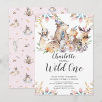 Woodland Friends Wild One Girls 1st Birthday Invit