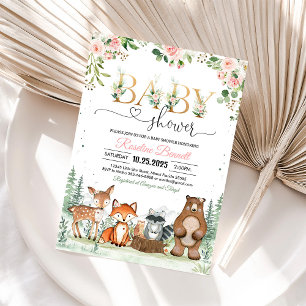 Invitation Woodland Girl Baby shower Forêt Bois Animaux