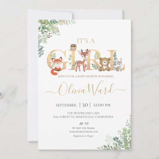 Invitation Woodland Green Baby shower Girl (Devant)