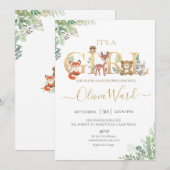 Invitation Woodland Green Baby shower Girl (Devant / Derrière)