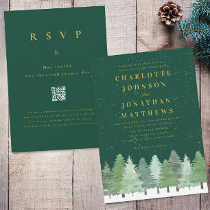 Invitation Woodland Green Gold QR Code Mariage hivernal