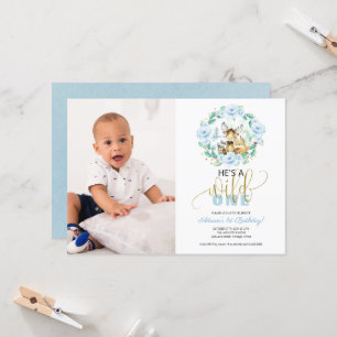 Invitation Woodland He's A Wild One Photo First Birthday Inv