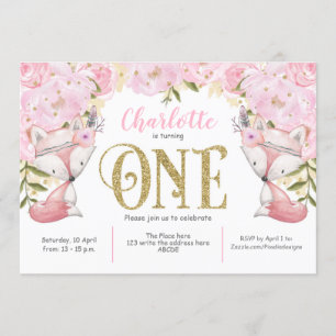 Invitation Woodland, Pink Floral, Fox, Girl, 1er anniversaire