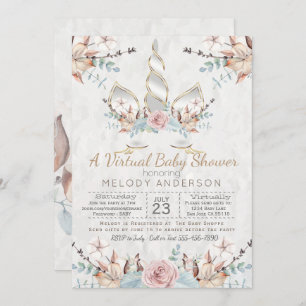 Invitation Woodland Unicorn Baby shower virtuel Argent