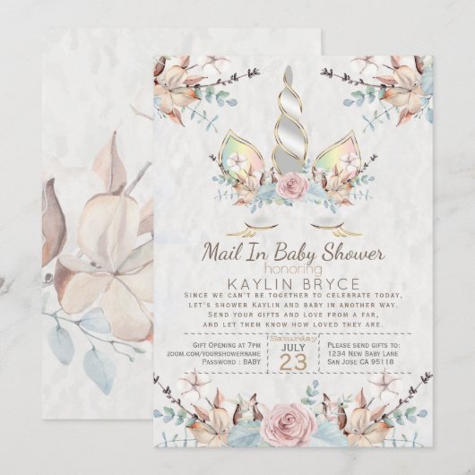 Invitation Woodland Unicorn Baby shower virtuel Kaylin2 (Devant / Derrière)