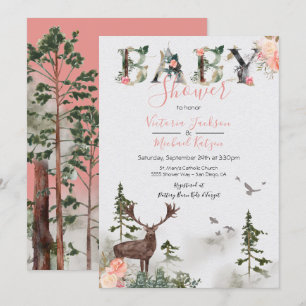 Invitation Woodland Watercolor Forêt bébé fille douche