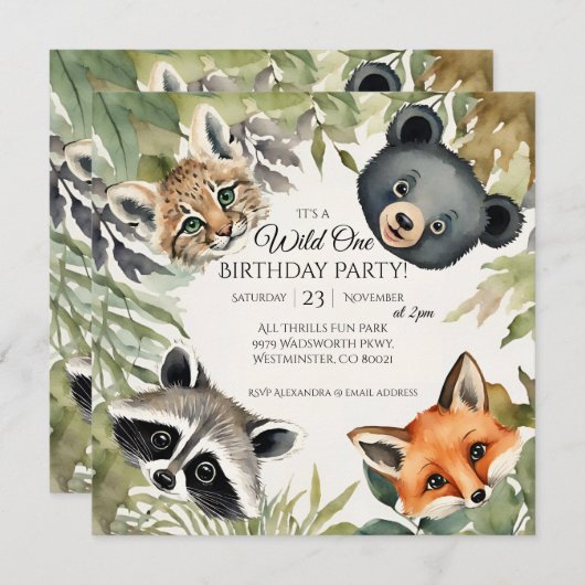 Invitation Woodland Wild One 1ère fête d'anniversaire (Devant / Derrière)