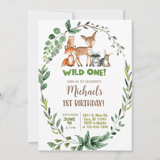 Invitation Woodland Wild One boy 1st birthday invitation. (Devant)