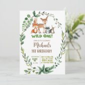 Invitation Woodland Wild One boy 1st birthday invitation. (Debout devant)