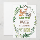 Invitation Woodland Wild One boy 1st birthday invitation. (Devant / Derrière)