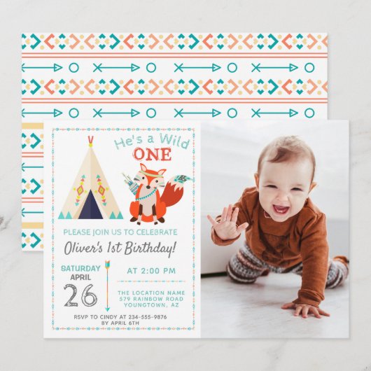 Invitation Woodland Wild One Fox Boho Boy 1er anniversaire Ph (Devant / Derrière)