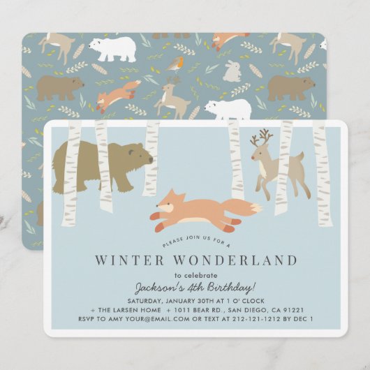 Invitation Woodland Winter Wonderland Blue Anniversaire (Devant / Derrière)