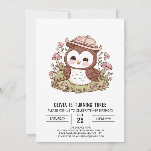 Invitation Woods Simple Digital Owl Anniversaire (Devant)