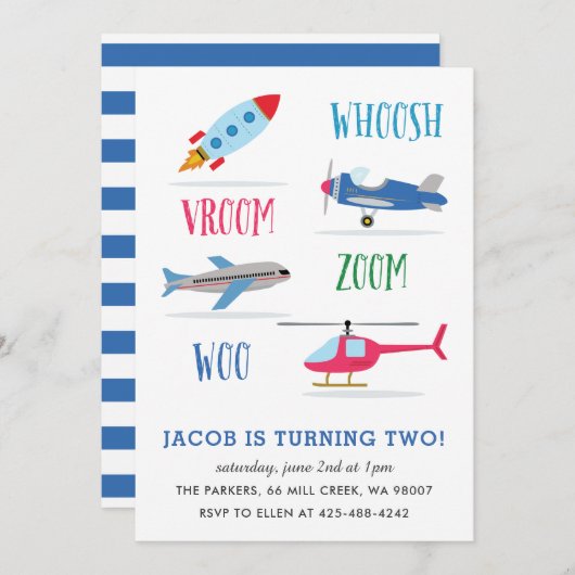 Invitation Woosh Vroom Woo Space Rocket Fête d'anniversaire d (Devant / Derrière)