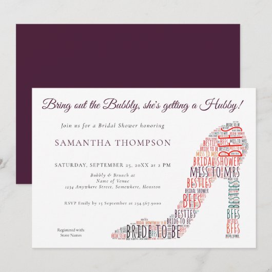 Invitation Word Art Stiletto Bubly Purple Fête des mariées (Devant / Derrière)