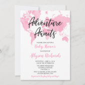 Invitation World map aventure attend fille baby shower rose (Devant)